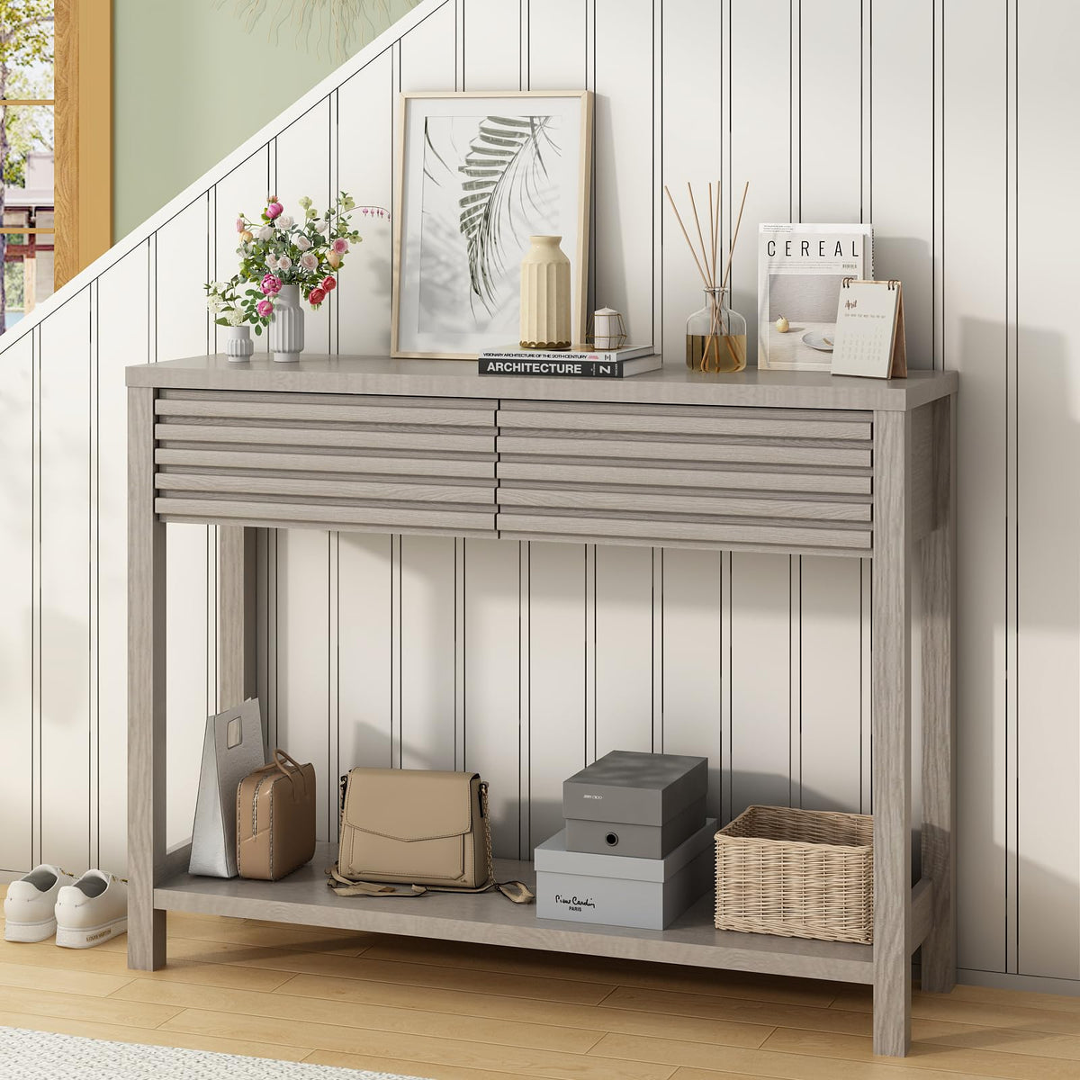Oak Gray Fluted Console Table with Drawers B360709