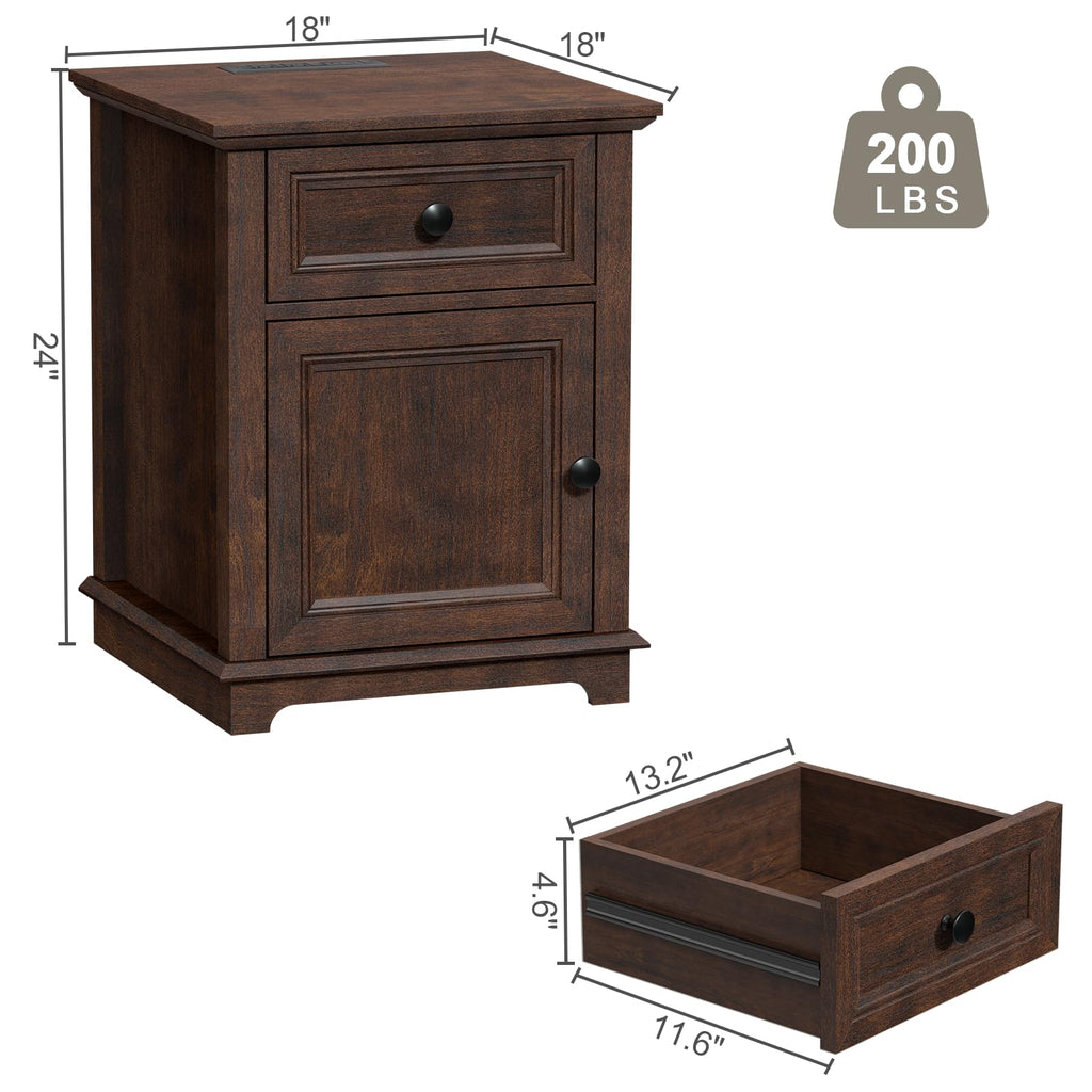 24" Tall End Table with Charging Station, Drawer & Storage Cabinet, Cherry F3197