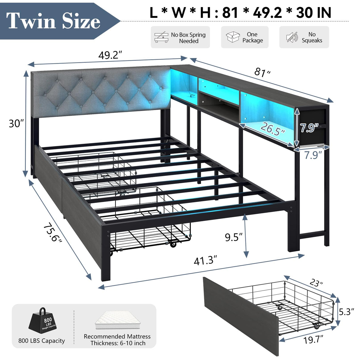 Gray Twin Corner Bed Frame with Storage Bookcase and Headboard X4338