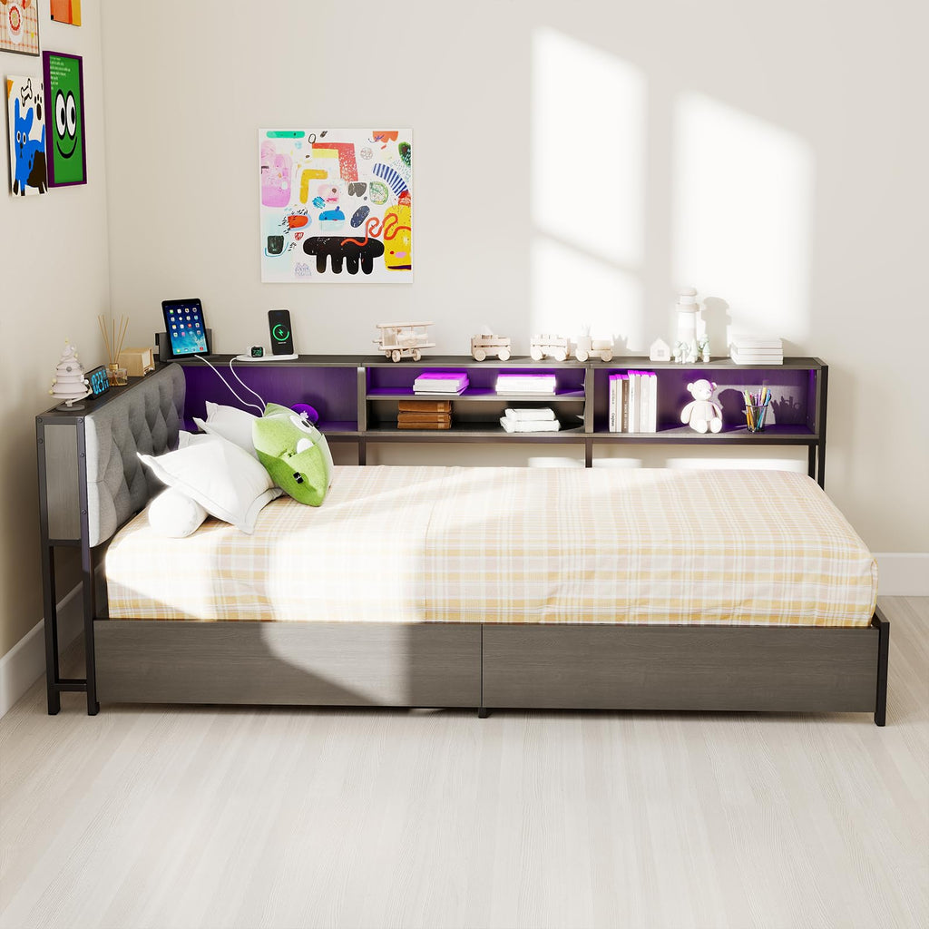 Gray Twin Corner Bed Frame with Storage Bookcase and Headboard X4338