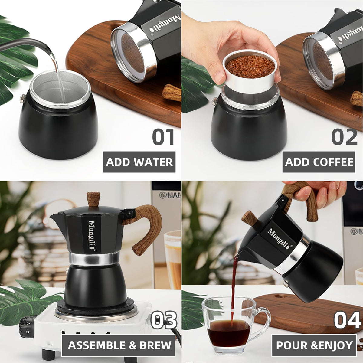 Stovetop Espresso Maker Moka Pot, 6 Cup 10 oz Black F62748