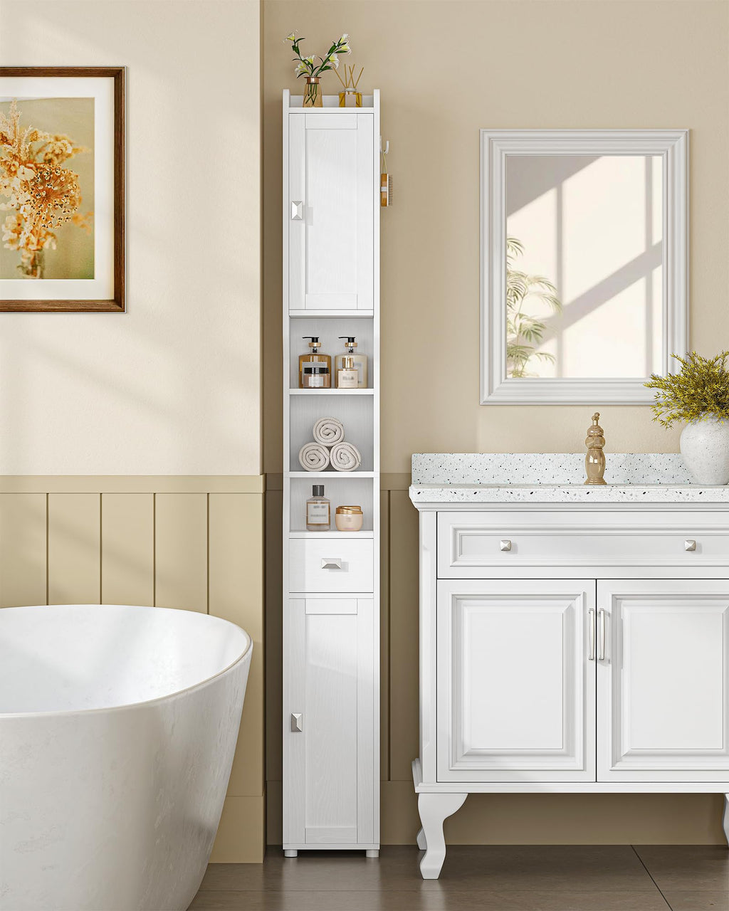 White Tall Narrow Bathroom Storage Cabinet C568830