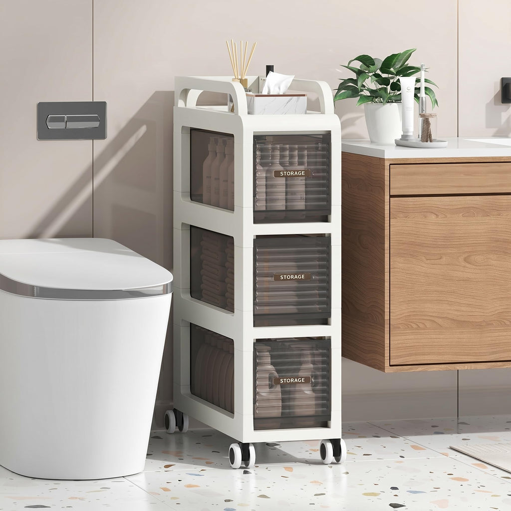 7.87" Wide Slim Bathroom Storage with Drawers and Wheels B200