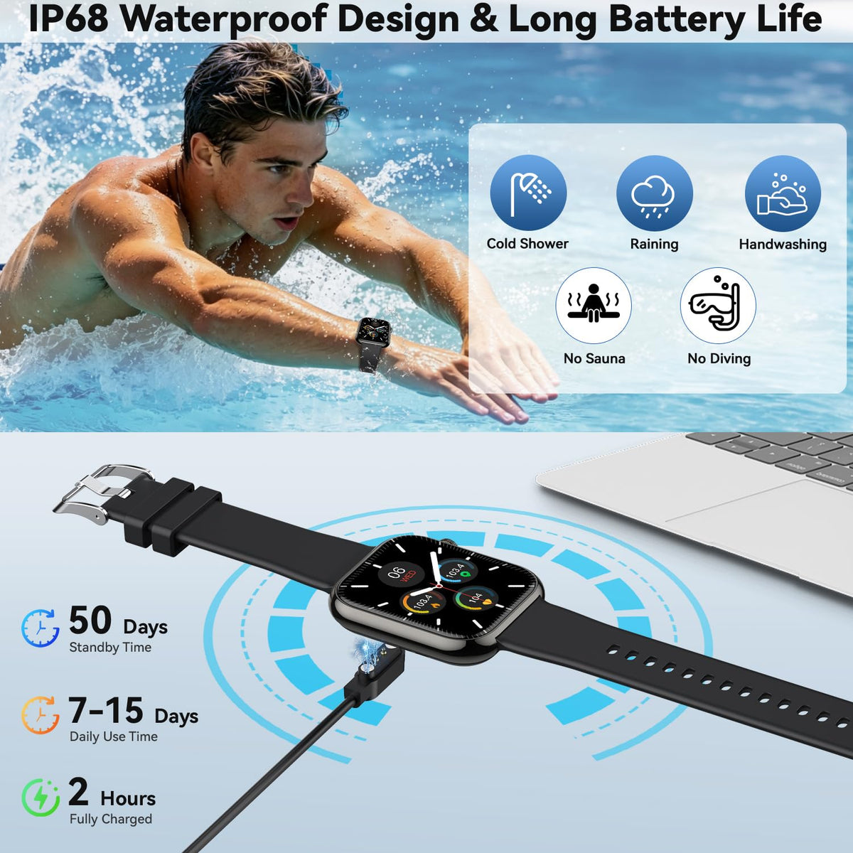1.85" HD Touchscreen IP68 Waterproof Smart Watch W4507