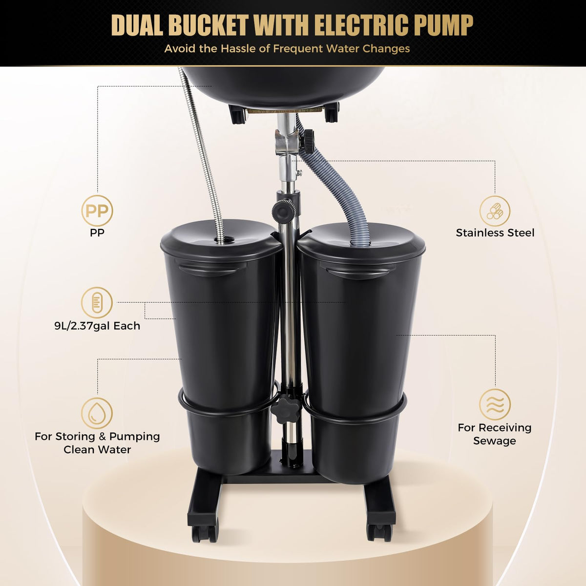 Portable Plastic Shampoo Basin with 2 Water Buckets and Wheels R371