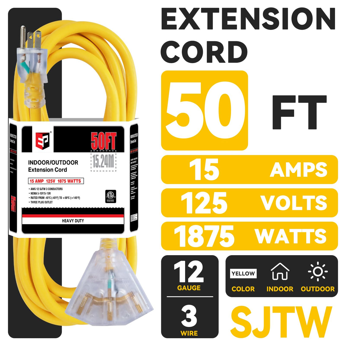 50 Ft Outdoor Extension Cord 3 Outlets Yellow E785