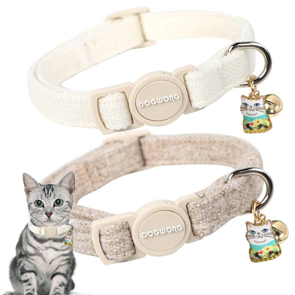 2 Pack White Hemp Cat Collars Breakaway with Bell X36926
