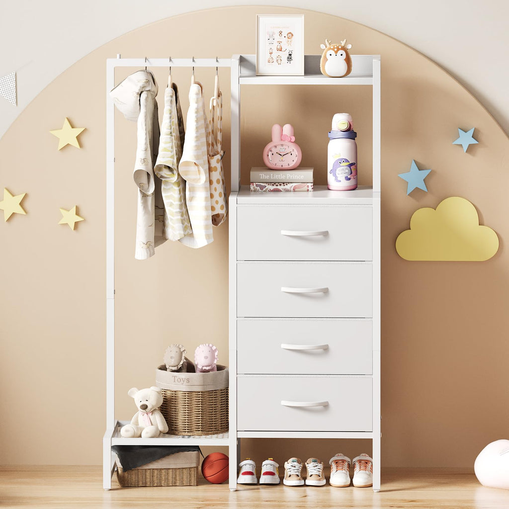 White 4 Drawer Dresser with Hanging Rack E7752