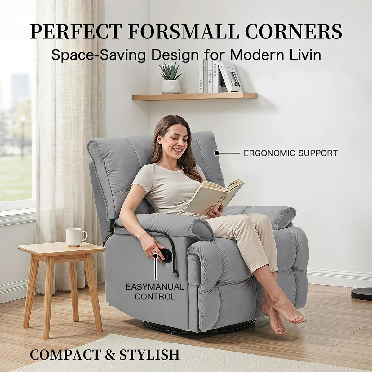 Velvet Swivel Recliner Accent Chair with Detachable Side Phone Holder S1055