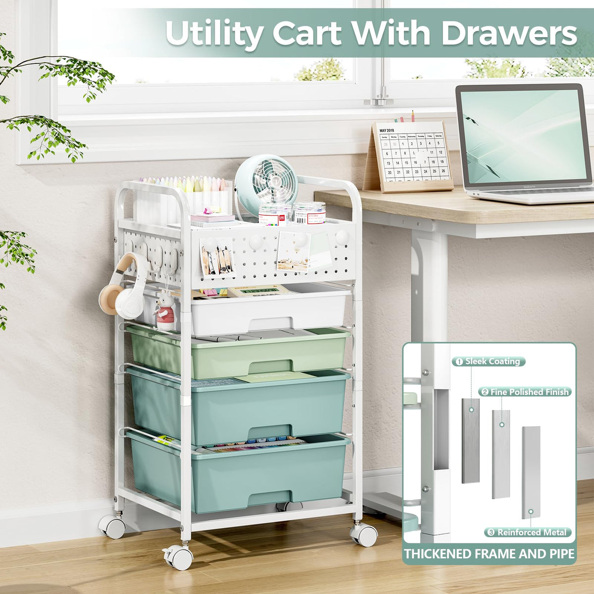 4 Drawer Rolling Storage Cart with Pegboard Top and Hooks O97164