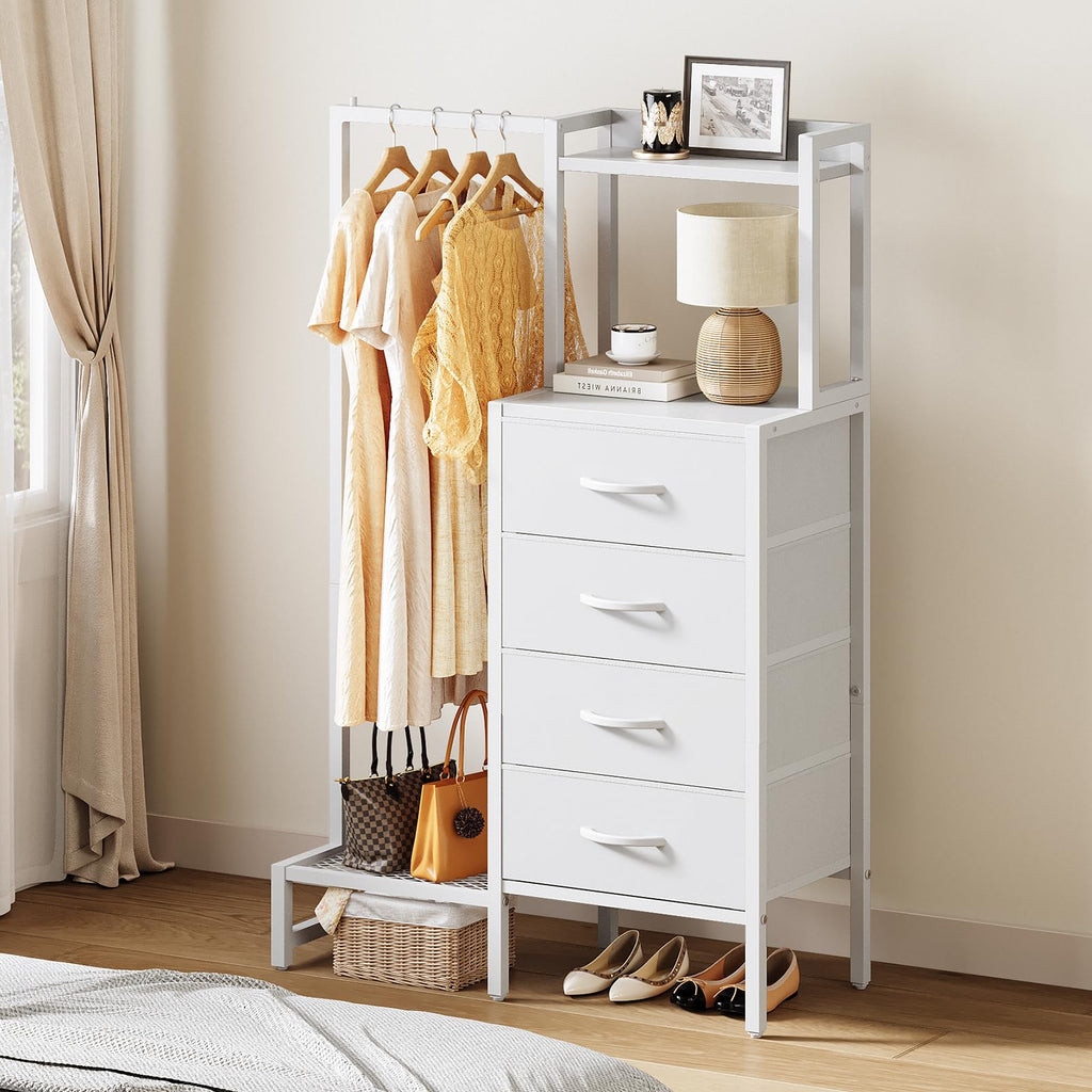 White 4 Drawer Dresser with Hanging Rack E7752