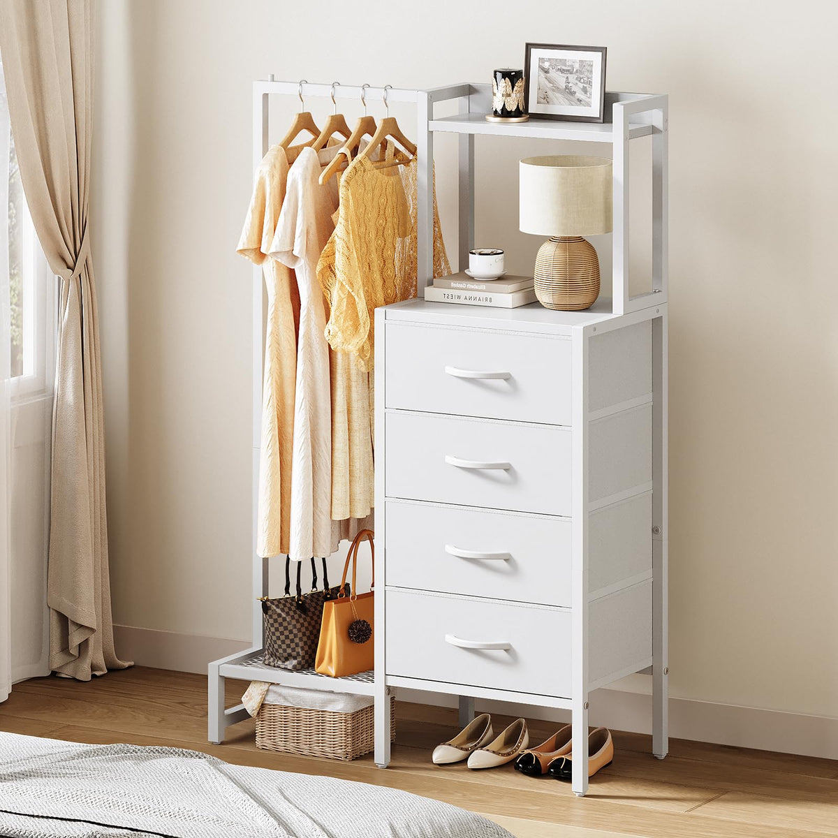 White 4 Drawer Dresser with Hanging Rack E7752