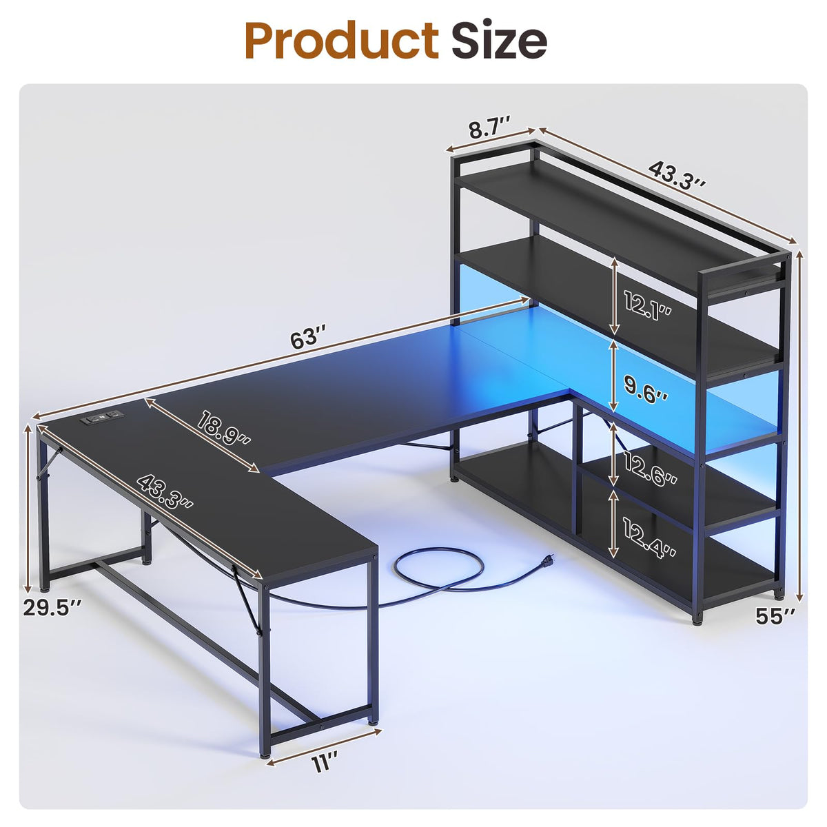Black L Shaped Gaming Desk with Power Outlet and Storage Shelves X515138