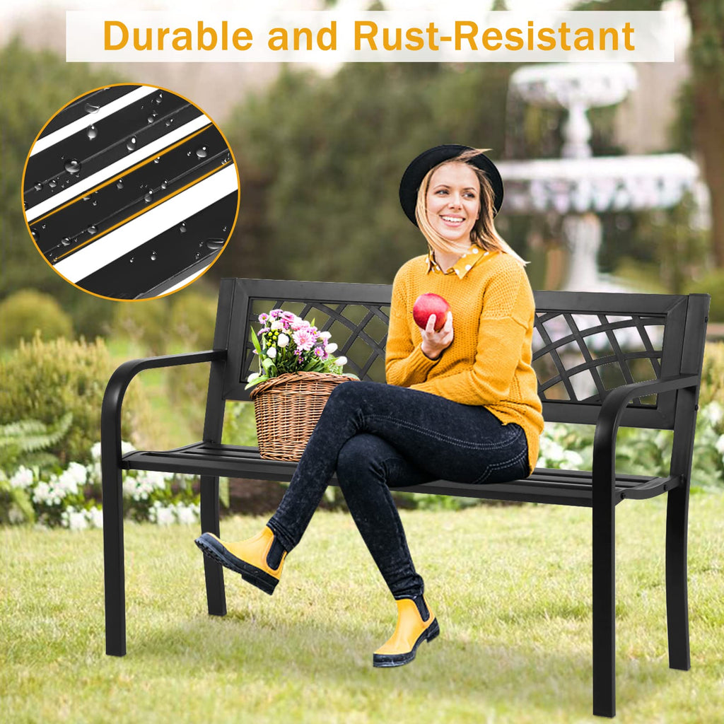 Black Cast Iron Outdoor Garden Bench with Mesh Backrest E2816