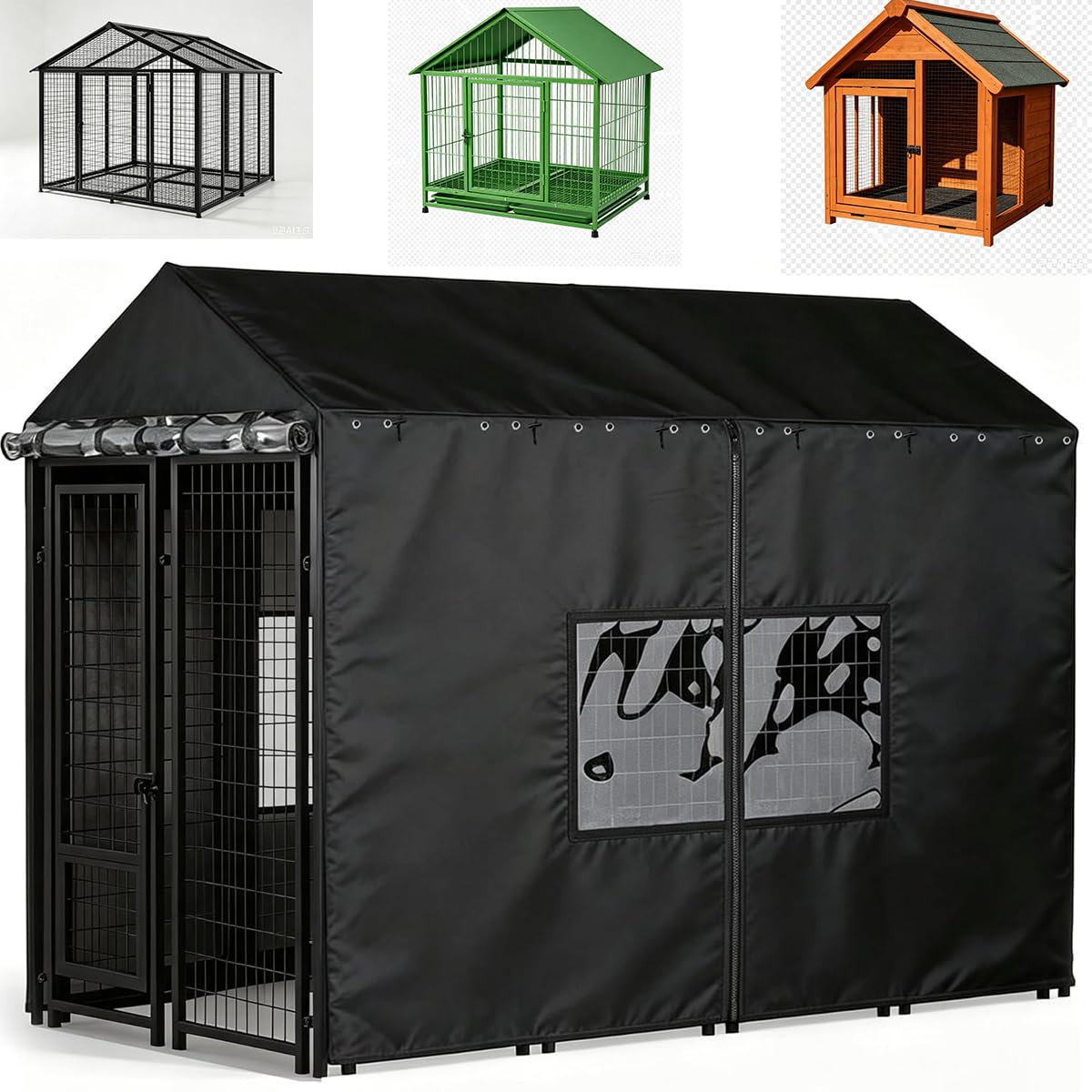 Outdoor Dog Kennel Cover with Clear PVC Windows & Roll-Up Panels P862549
