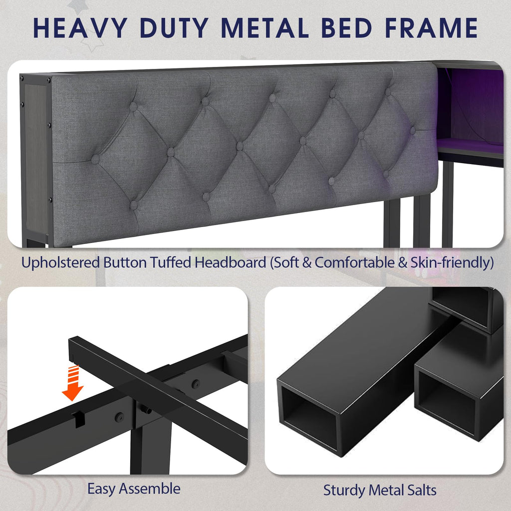 Gray Twin Corner Bed Frame with Storage Bookcase and Headboard X4338
