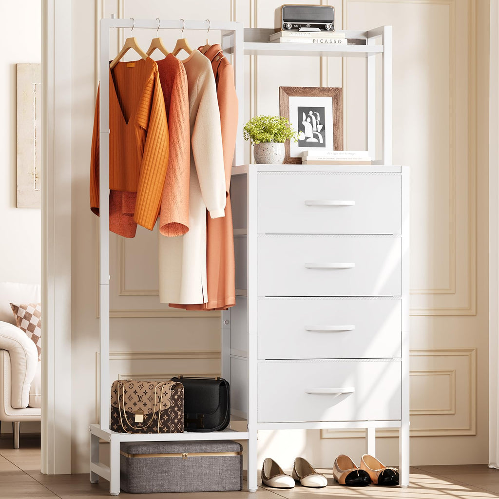 White 4 Drawer Dresser with Hanging Rack E7752