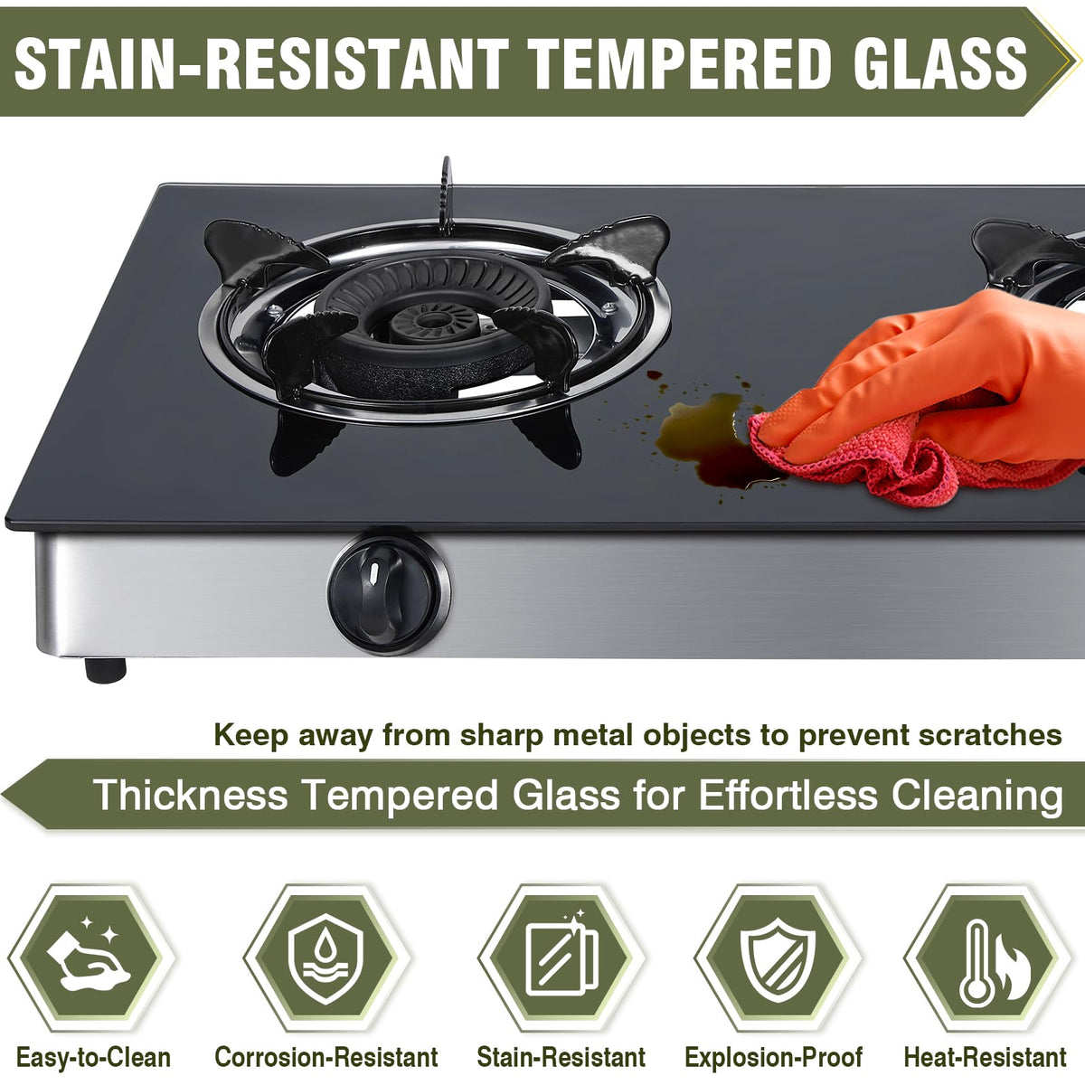 2-Burner Propane Gas Cooktop Portable Tempered Glass Stove E8844