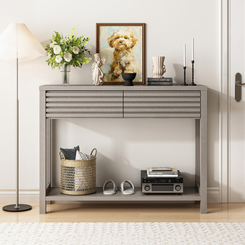 Oak Gray Fluted Console Table with Drawers B360709