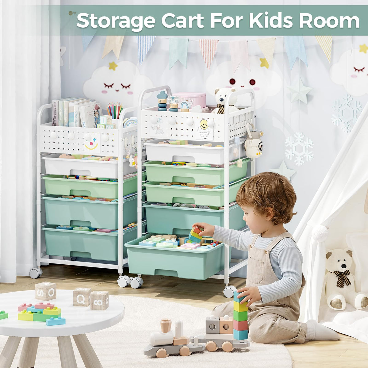 4 Drawer Rolling Storage Cart with Pegboard Top and Hooks O97164