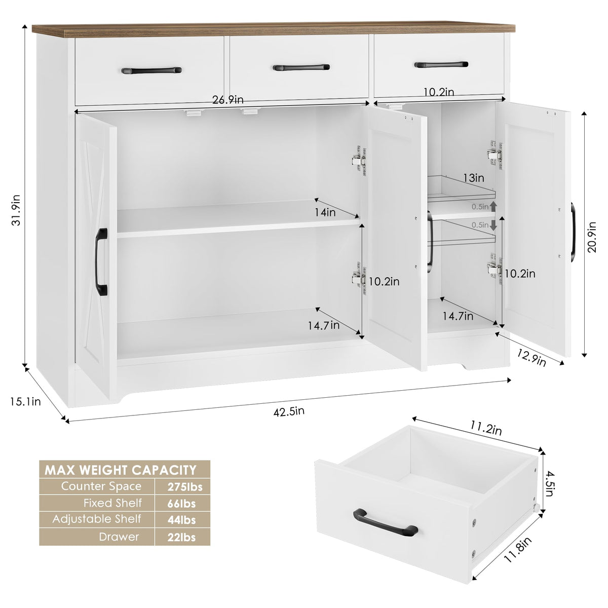 White Kitchen Buffet Cabinet with Storage C9409