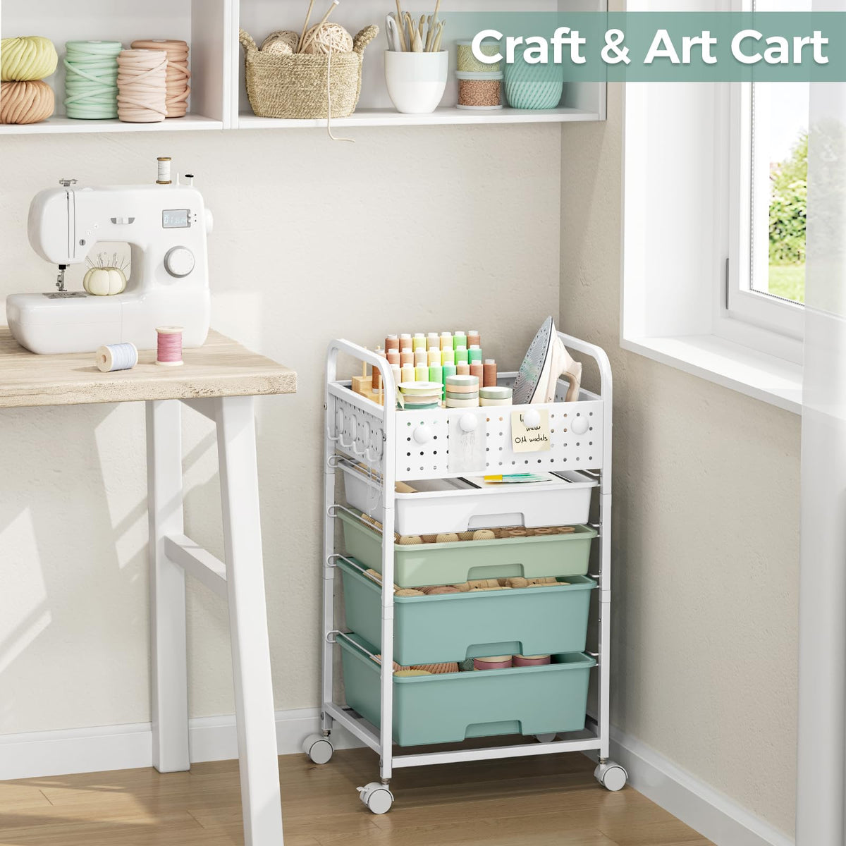 4 Drawer Rolling Storage Cart with Pegboard Top and Hooks O97164