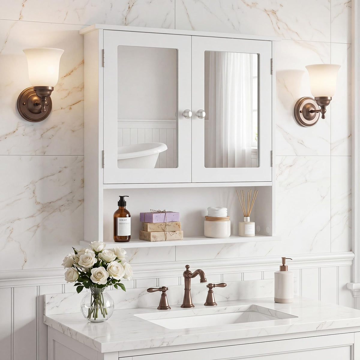 Wall Mounted Mirror Medicine Cabinet with Doors and Shelves J434818