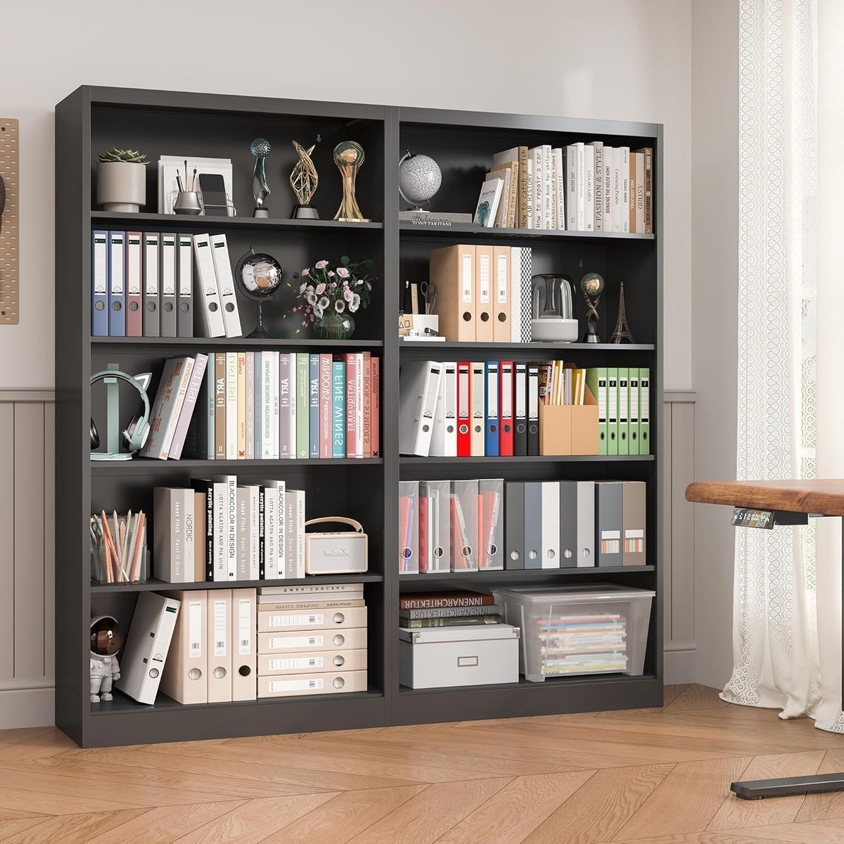 Black 5-Tier Adjustable Metal Bookshelf I98330
