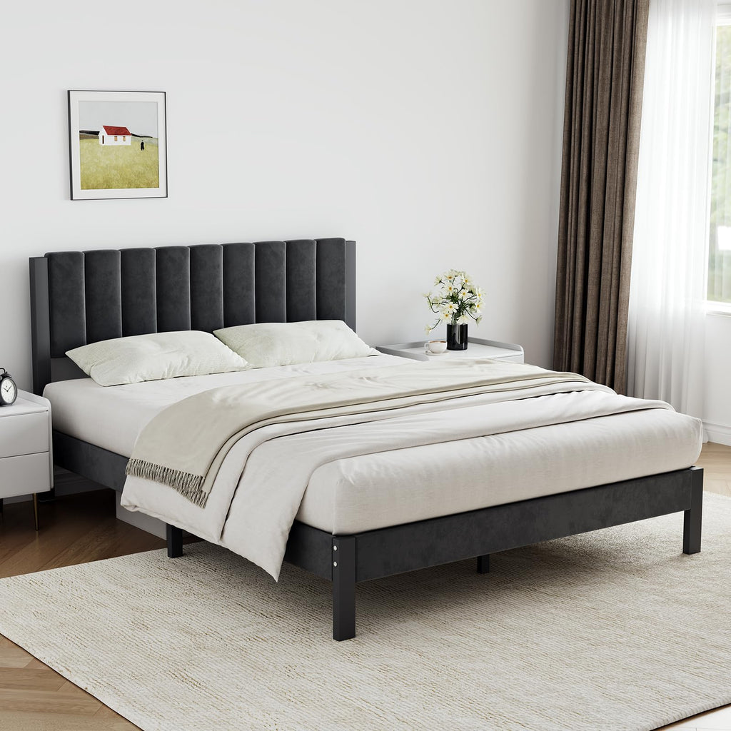 Twin Size Metal Platform Bed Frame with Velvet Headboard and Footboard K426