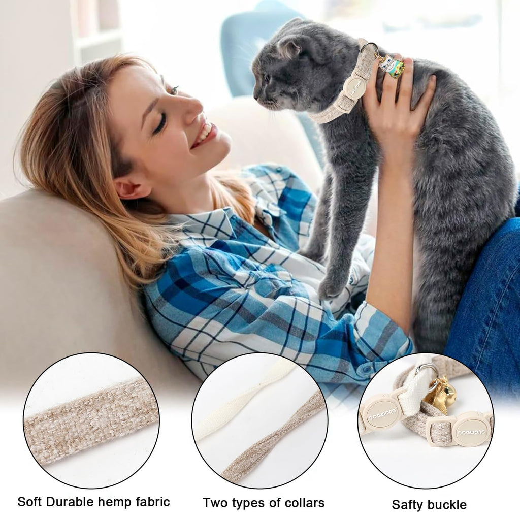 2 Pack White Hemp Cat Collars Breakaway with Bell X36926