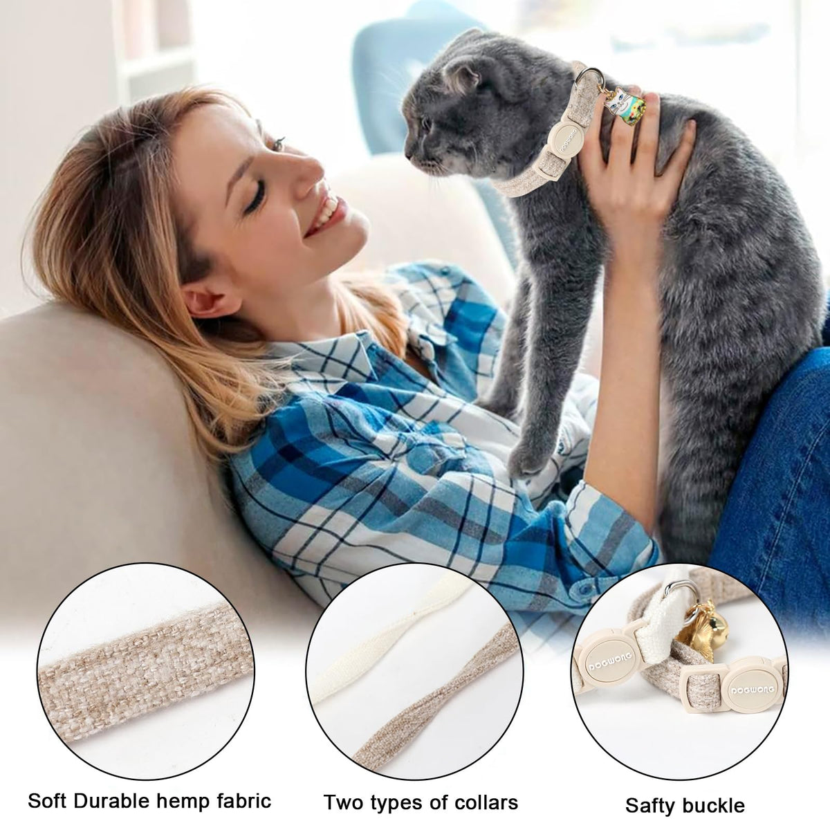 2 Pack White Hemp Cat Collars Breakaway with Bell X36926