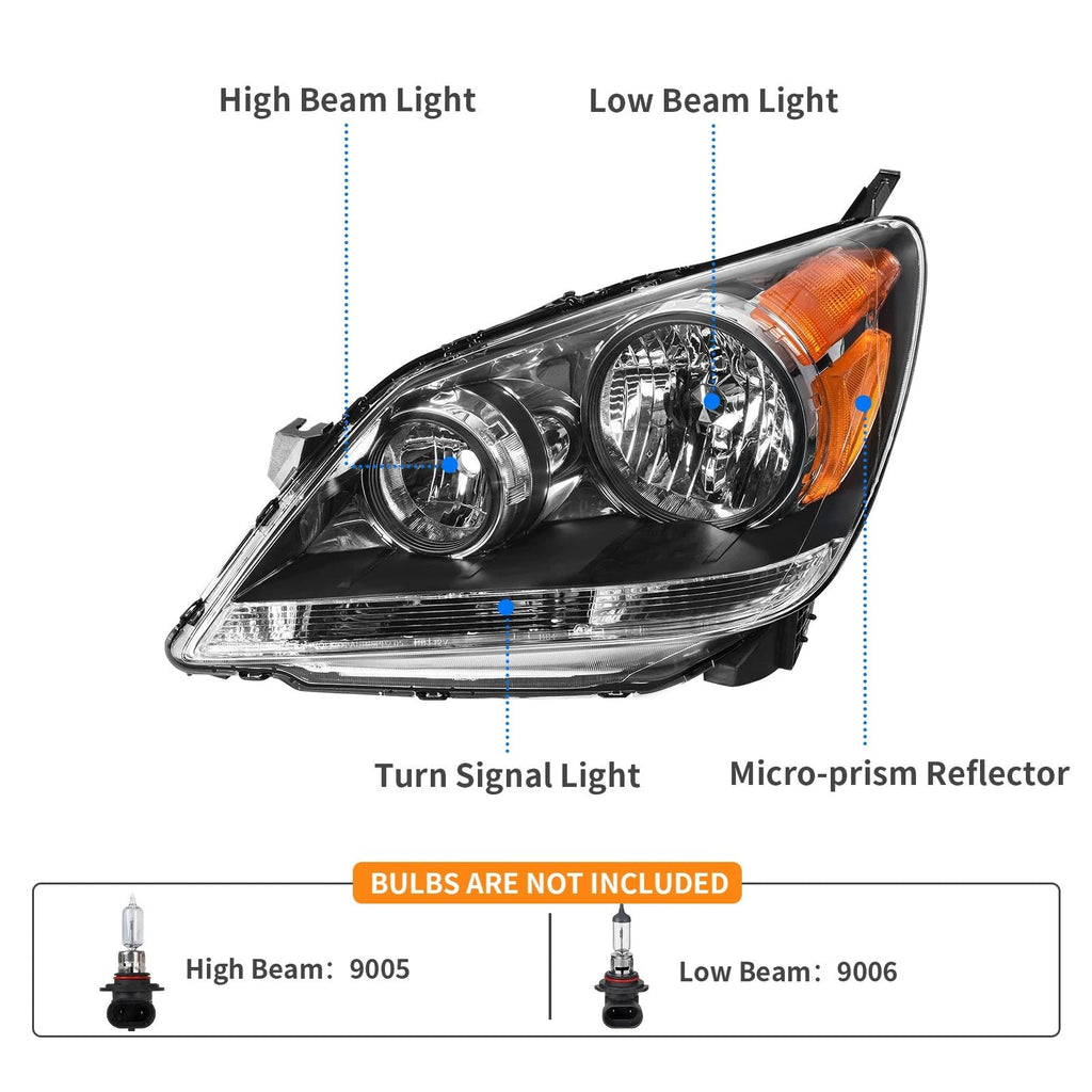 2008-2010 Honda Odyssey Headlights Assembly Black Housing Amber Reflector Driver Passenger Side F952090