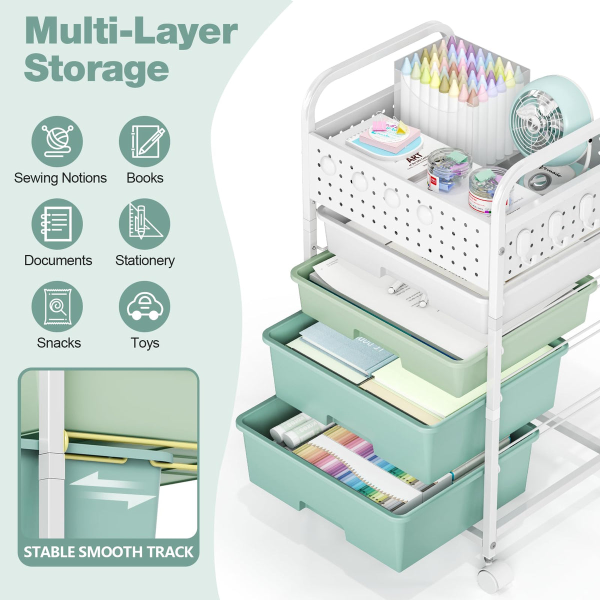 4 Drawer Rolling Storage Cart with Pegboard Top and Hooks O97164