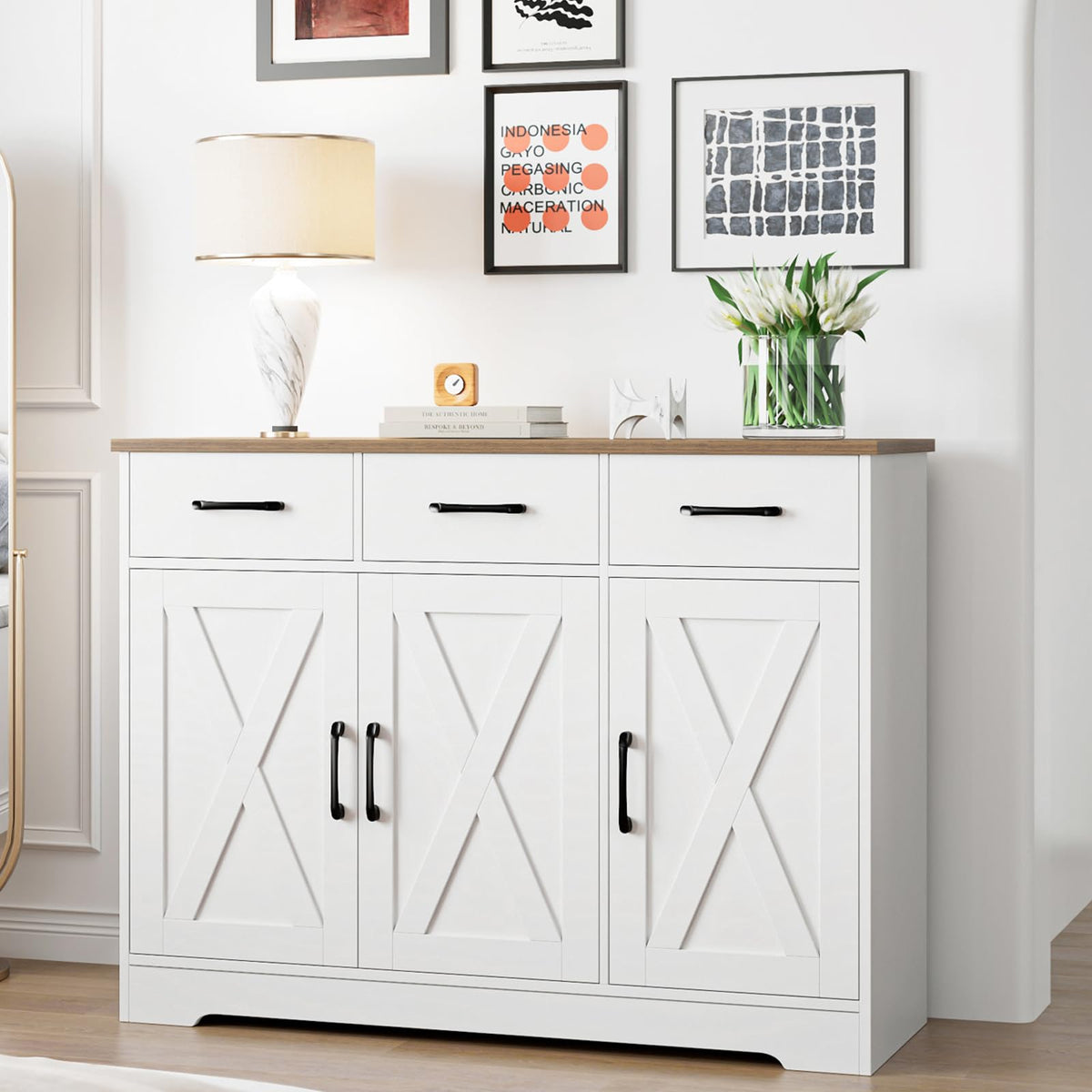 White Kitchen Buffet Cabinet with Storage C9409