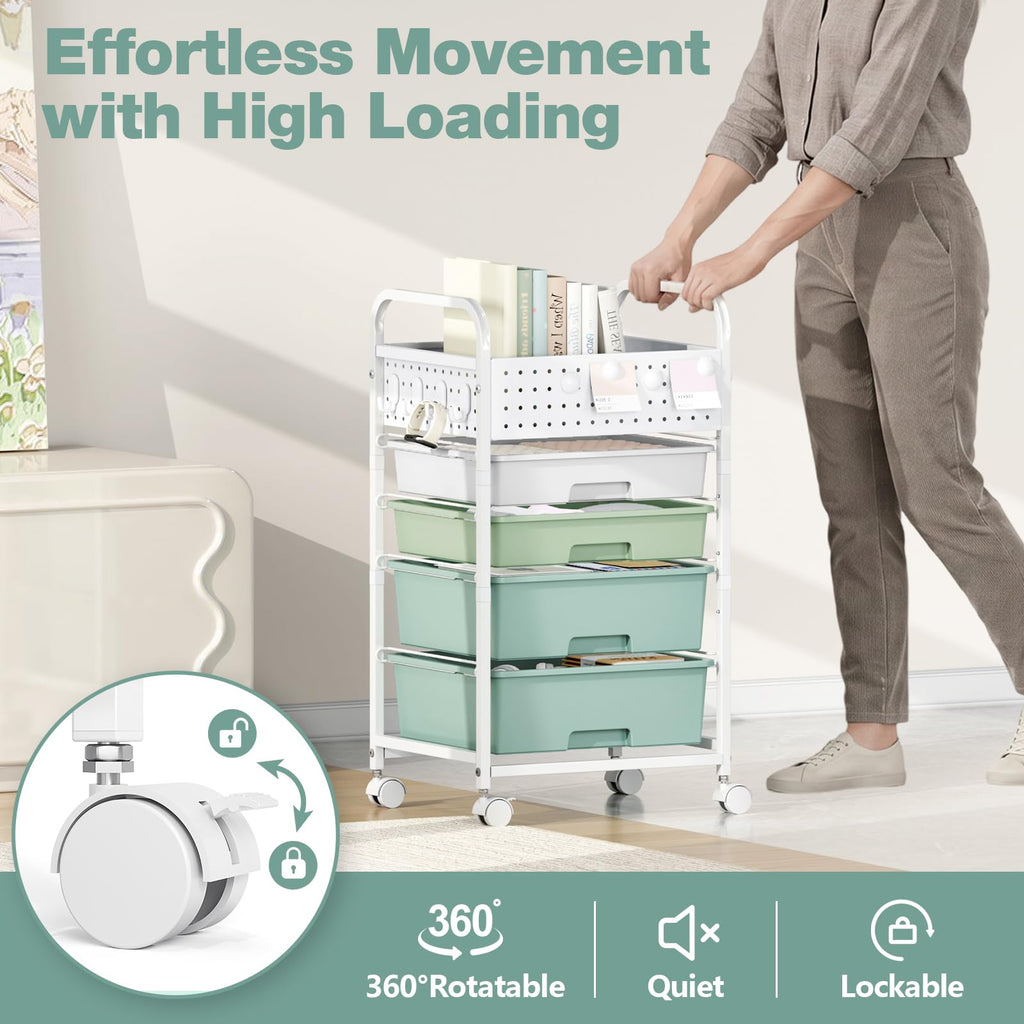 4 Drawer Rolling Storage Cart with Pegboard Top and Hooks O97164