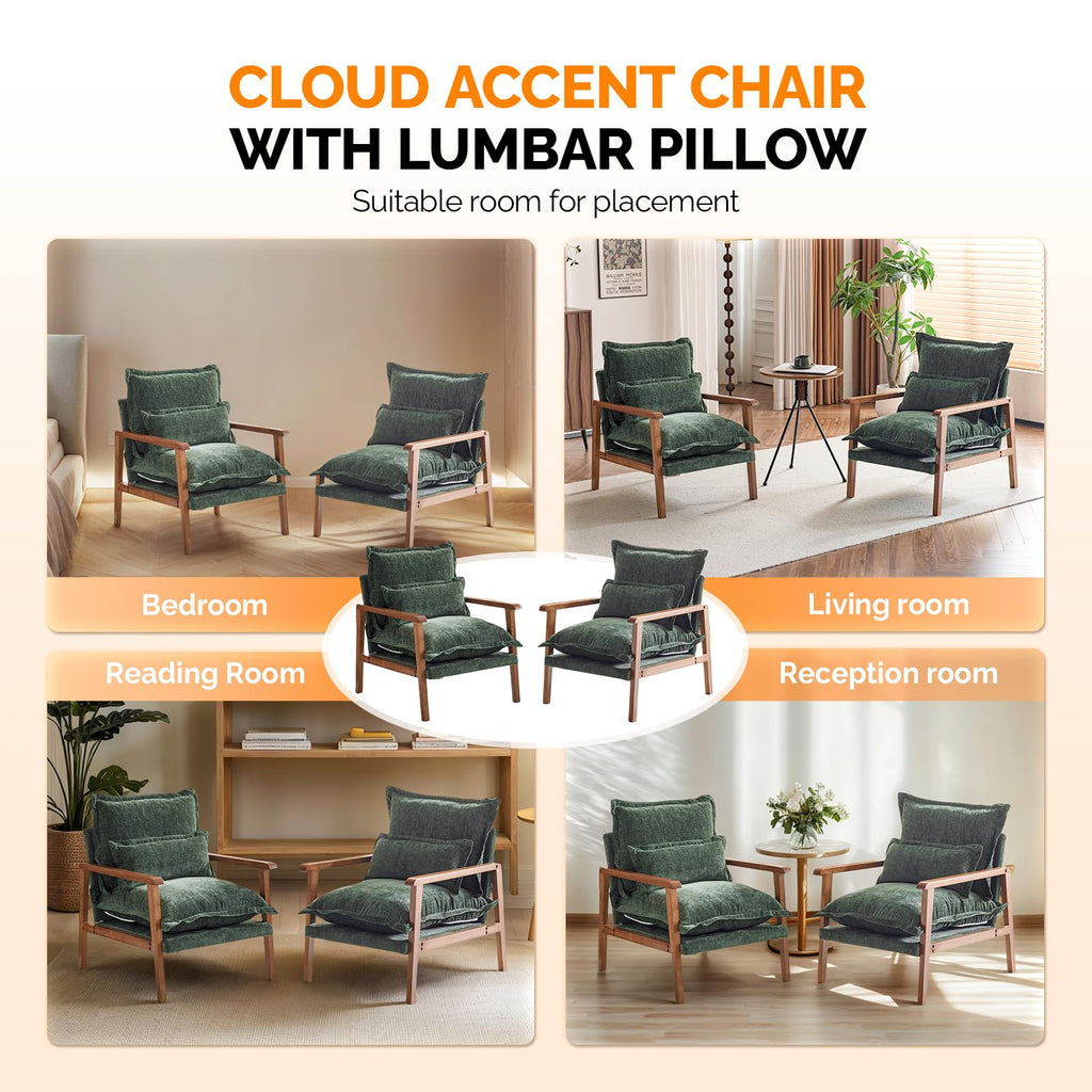 Dark Green Chenille Accent Armchairs Set of 2 with Lumbar Pillow M2915