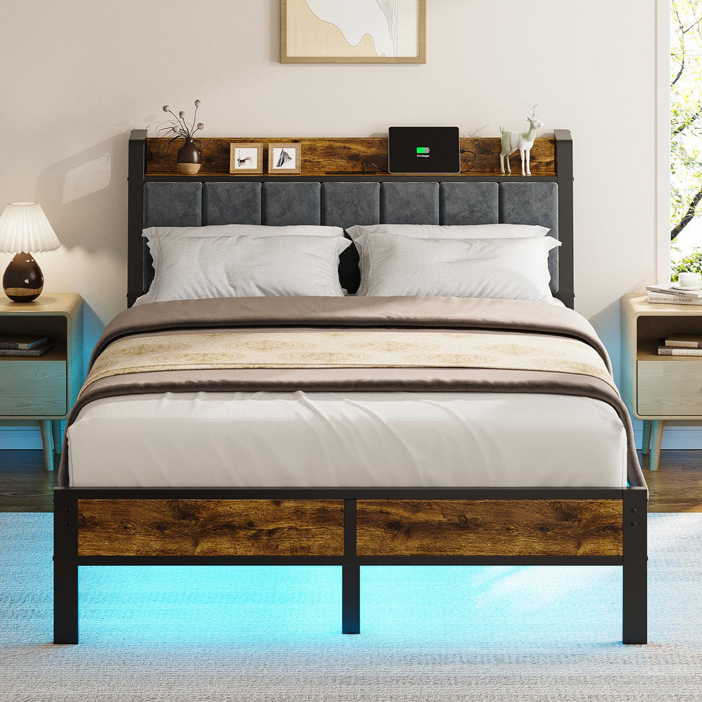 Full Size Bed Frame with LED Light and Charging Station X931