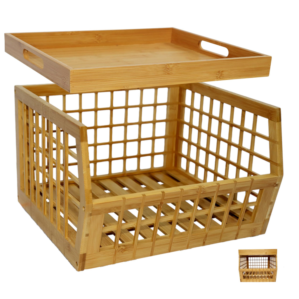 Bamboo Stackable Medium Storage Bins with Serving Tray Lid U27618