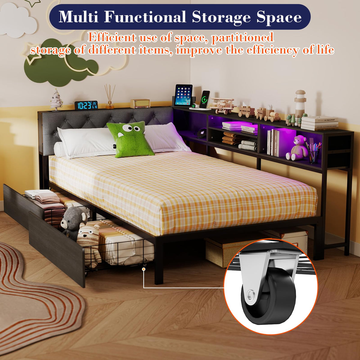 Gray Twin Corner Bed Frame with Storage Bookcase and Headboard X4338