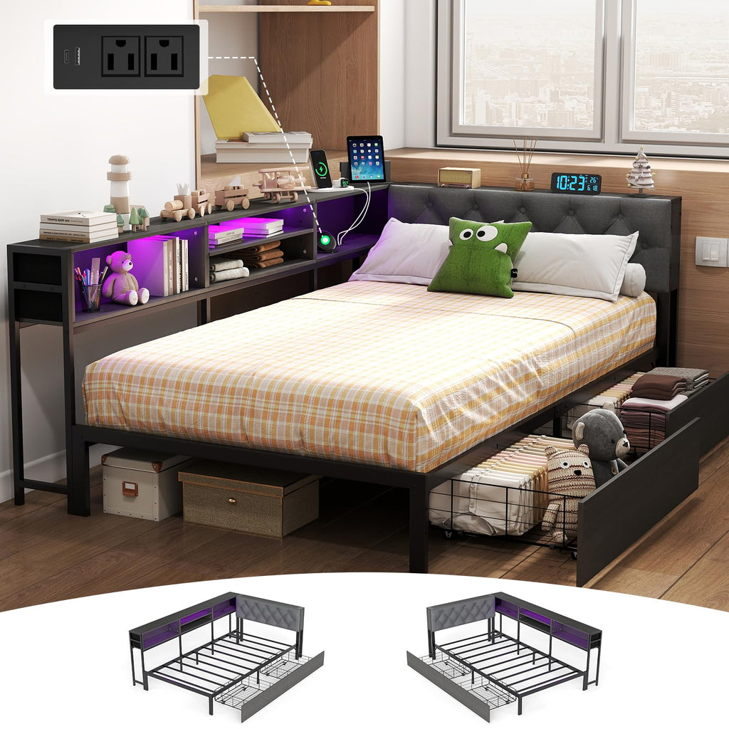 Gray Twin Corner Bed Frame with Storage Bookcase and Headboard X4338