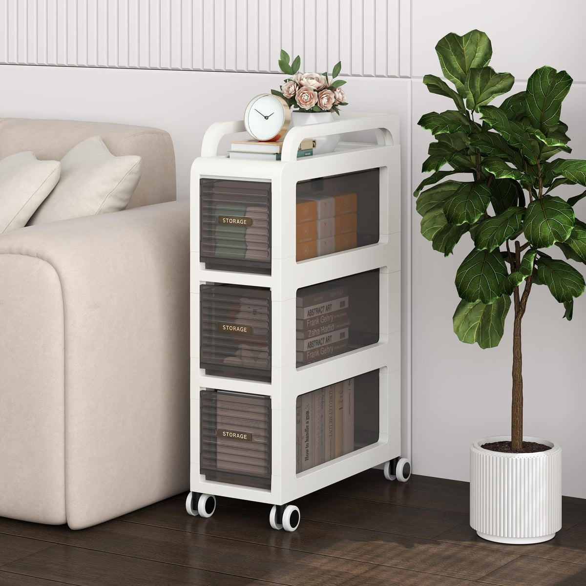 7.87" Wide Slim Bathroom Storage with Drawers and Wheels B200