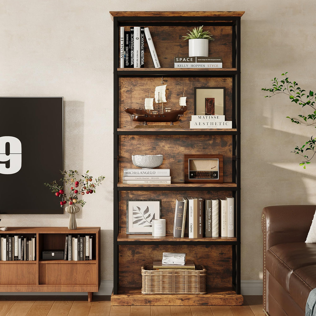 71 Inch 5 Tier Rustic Wood Bookshelf I29660
