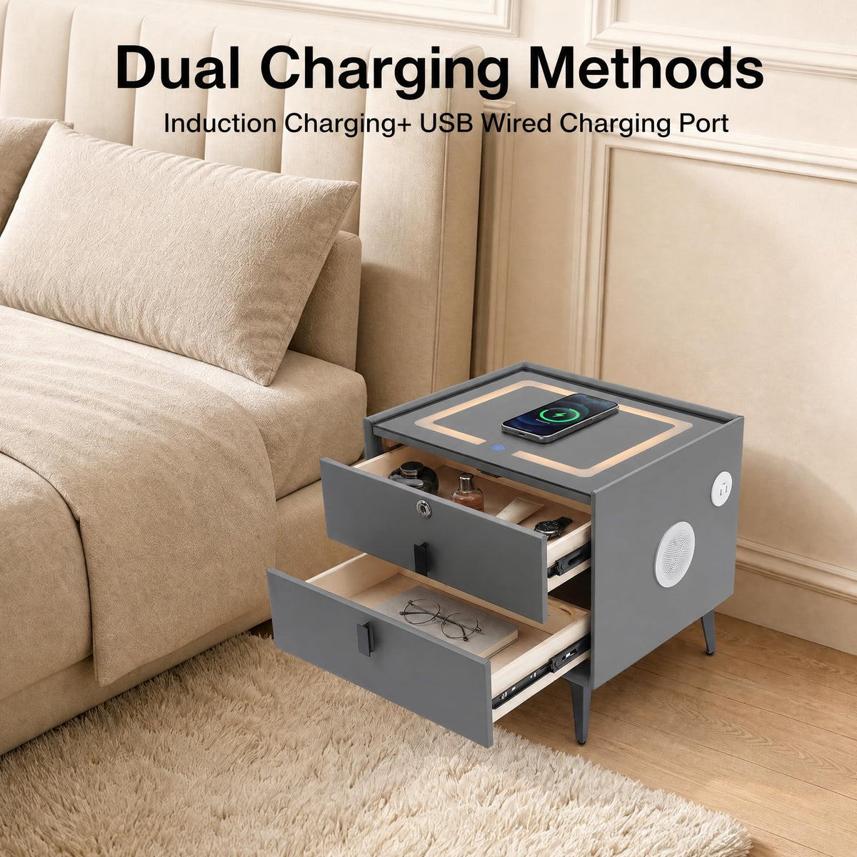 Nightstand with Charging Station, 2 Drawers, Fingerprint Lock, LED Light I392