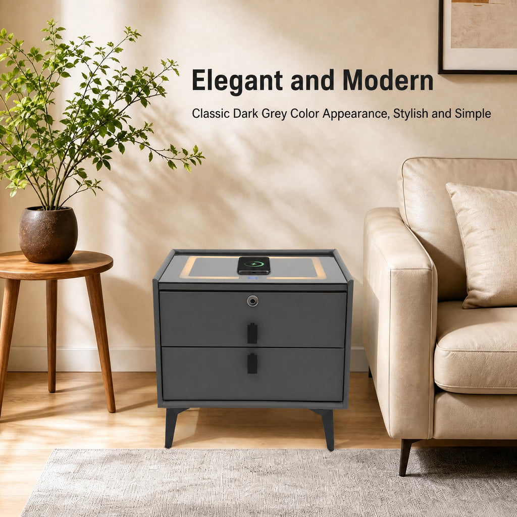 Nightstand with Charging Station, 2 Drawers, Fingerprint Lock, LED Light I392