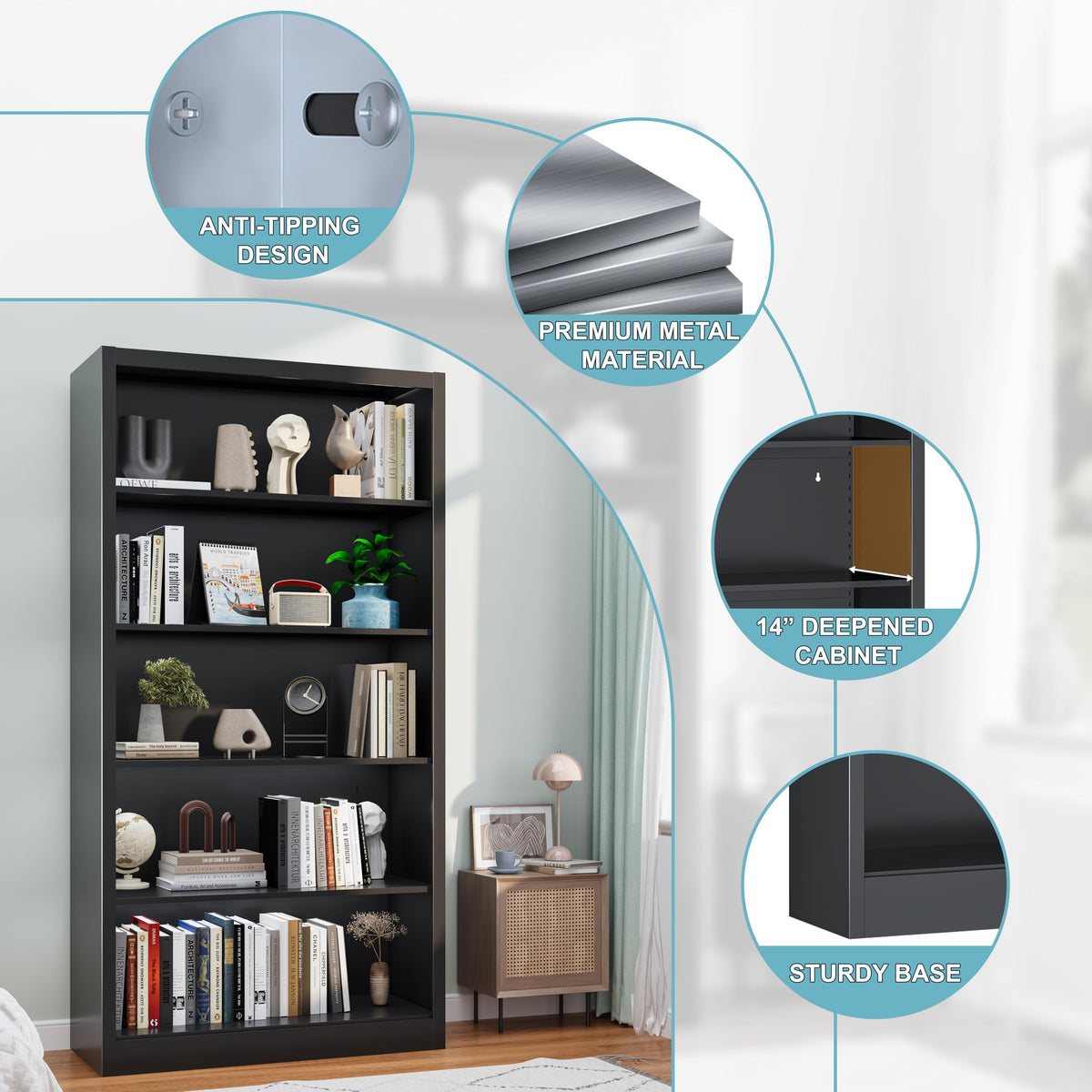 Black 5-Tier Adjustable Metal Bookshelf I98330