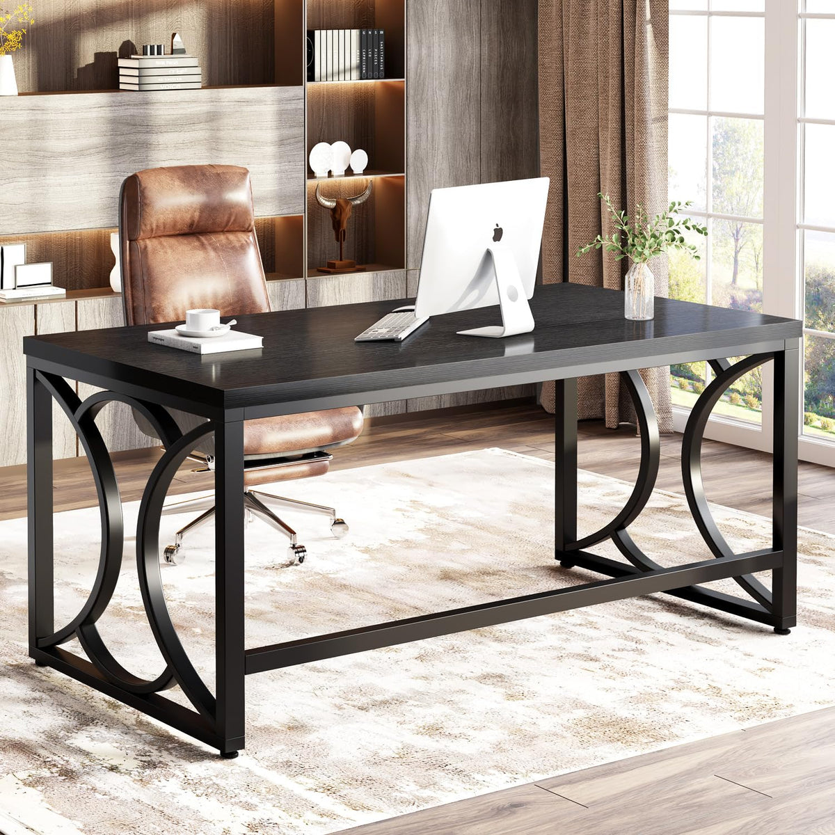 Black 55 Inch Metal Wooden Computer Desk W31799