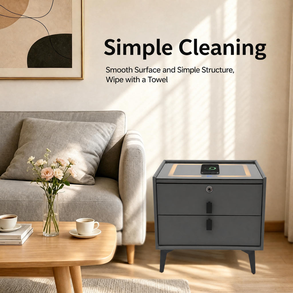 Nightstand with Charging Station, 2 Drawers, Fingerprint Lock, LED Light I392