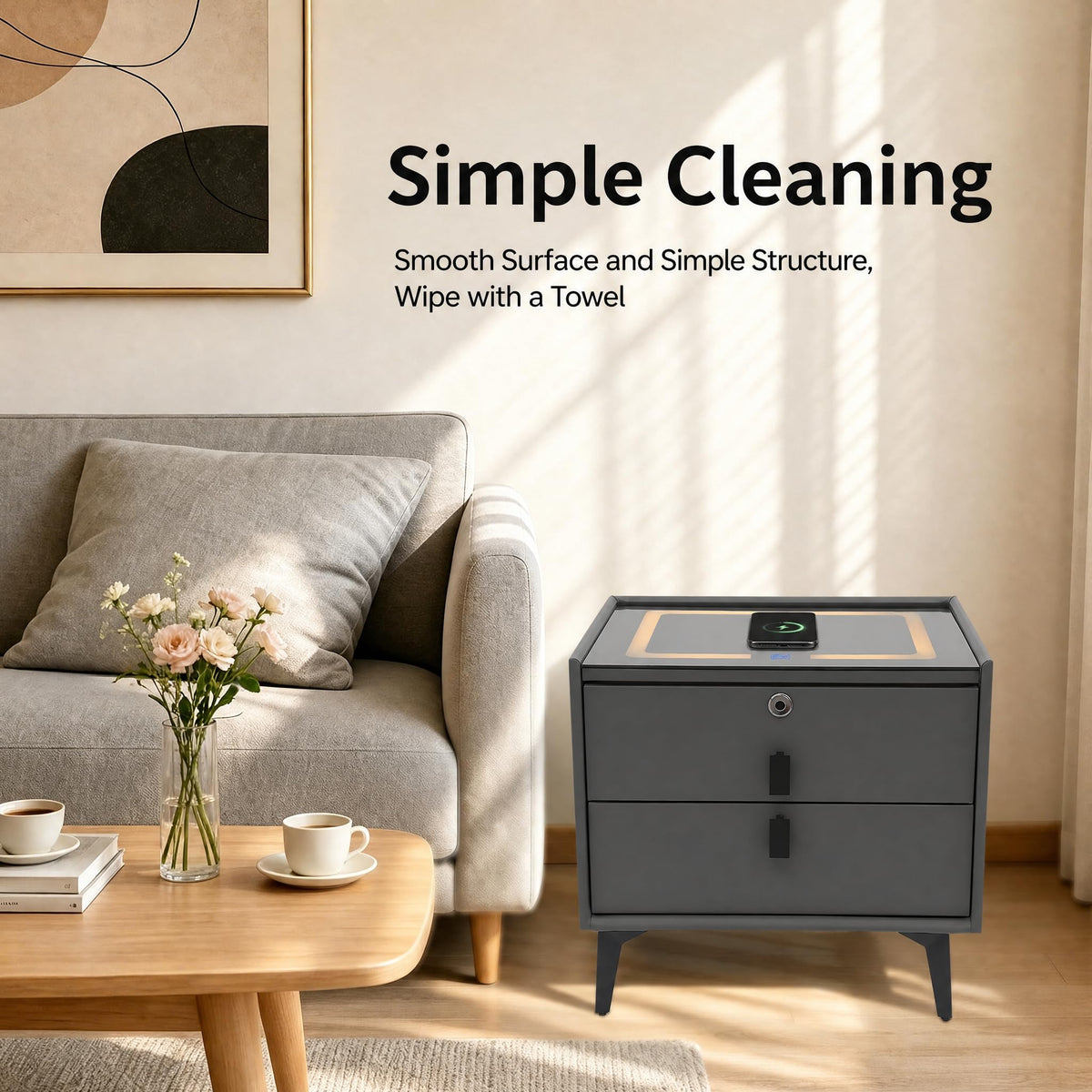 Nightstand with Charging Station, 2 Drawers, Fingerprint Lock, LED Light I392