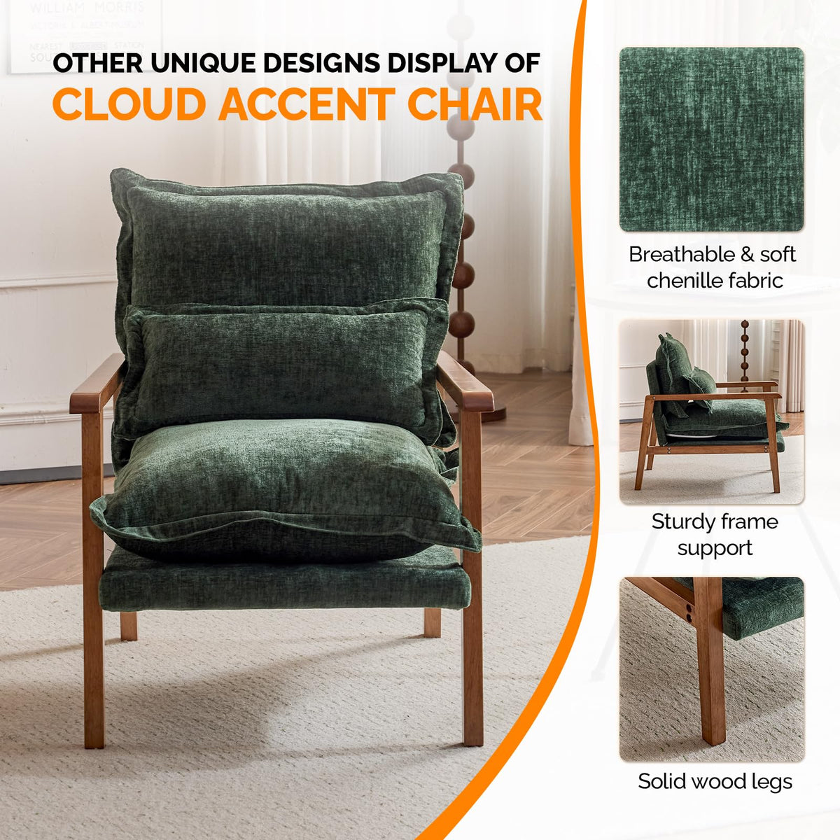 Dark Green Chenille Accent Armchairs Set of 2 with Lumbar Pillow M2915