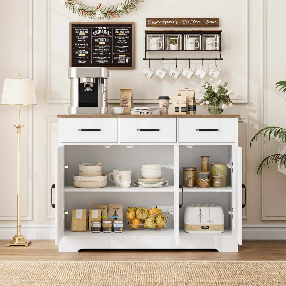 White Kitchen Buffet Cabinet with Storage C9409